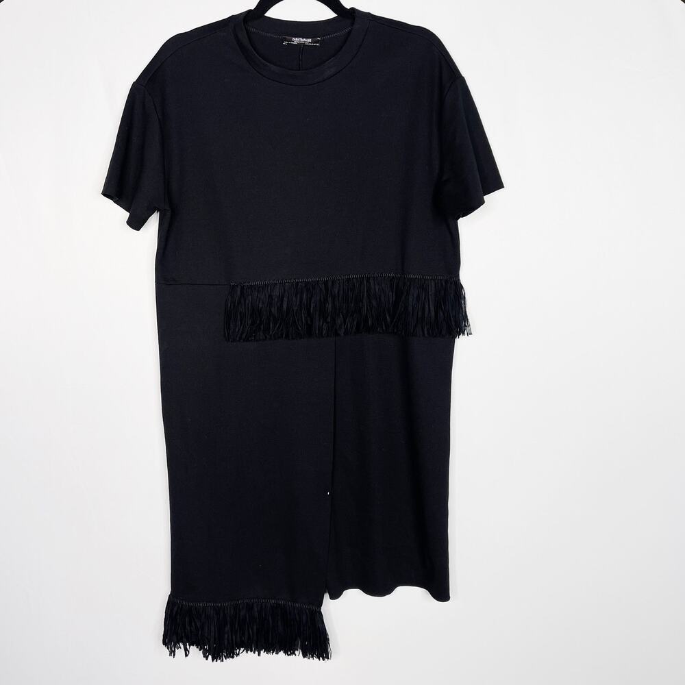 Zara Trafaluc Small S Black Fringe Asymmetrical Tshirt Dress Short Sleeve Crew